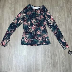 Bar III Women's Bali Nights Tropical Palm Frond Long Sleeve Rash Guard Top sz XS